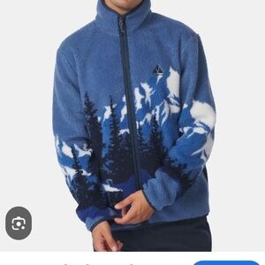 NWOT Ayacucho Blue Fleece/Sherpa Full Zip Jacket with Mountain Design sz M